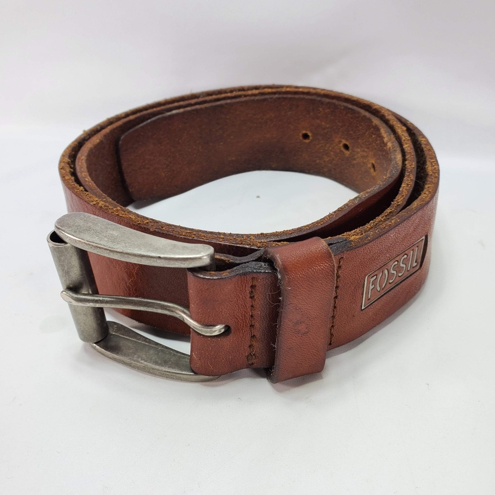Vintage Fossil Brown Leather Belt Silver Buckle Men's Size 40/100 Jeans Cowboy